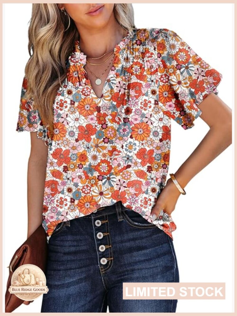 Women's V Neck Floral Print Smocked Short Sleeve Chiffon Blouse Bohemian Top